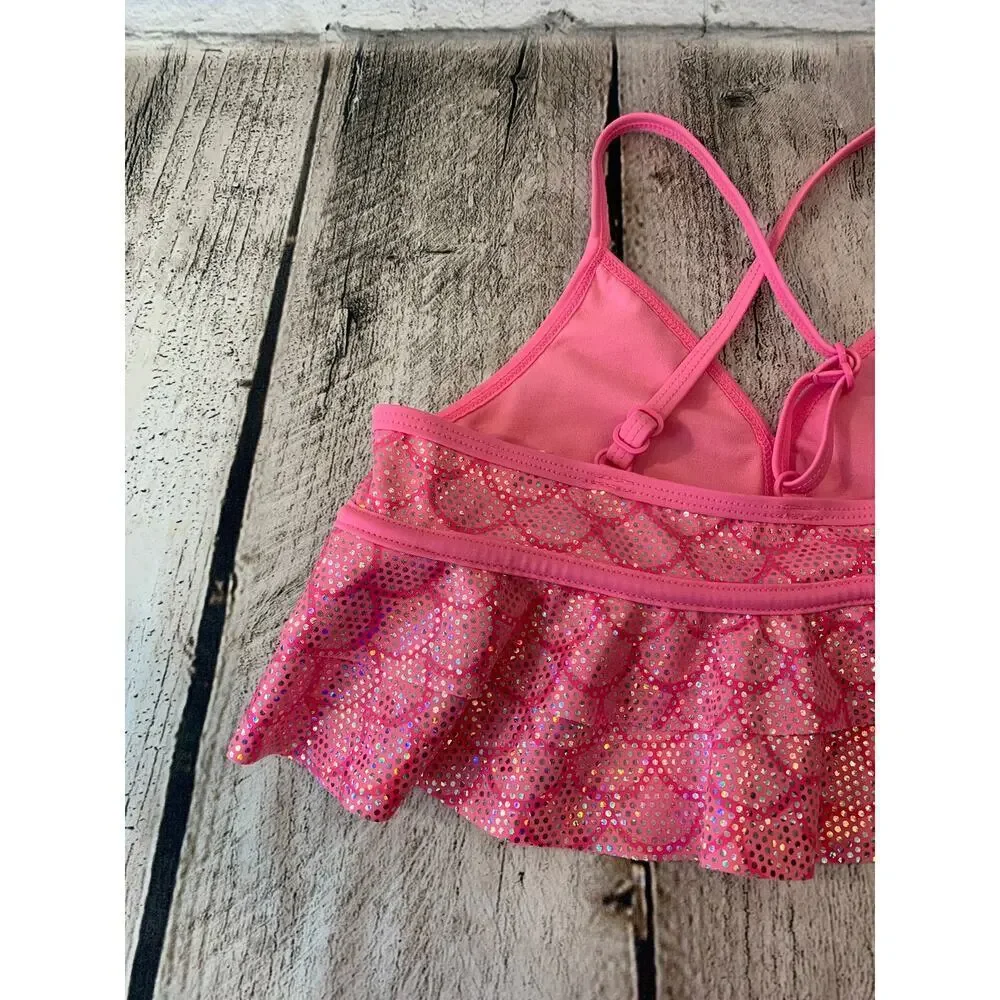 JUSTICE Girl’s Pink Silver Ruffled Tankini Top / Size: 8